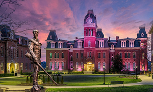 Mountaineer statue in front of Woodburn Hall at WVU