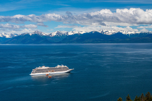 Viking Orion anchored at Icy Strait Point in Alaska