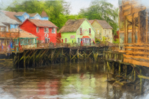 Painting of Creek Street wharf in Ketchikan Alaska