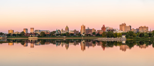 Sunset illuminates the city skyline of Harrisburg in Pennsylvani