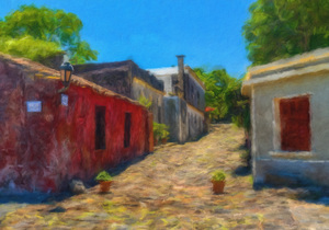 Oil painting of Street of Sighs in Colonia del Sacramento
