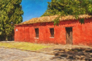 Oil painting of red house in Colonia del Sacramento