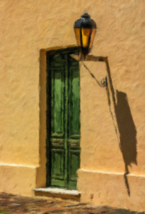 Oil painting of green door in Colonia del Sacramento