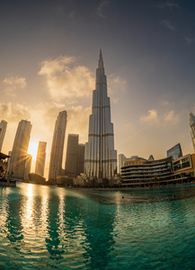 Sunset over the Dubai downtown business district