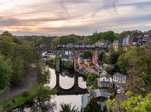 Old stone railway viaduct over River Nidd in Knaresborough