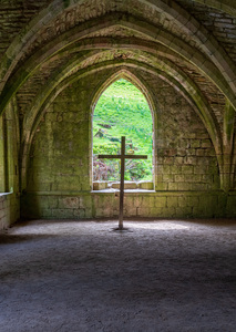 Cross Cellarium at Fountains Abbey ruins in Yorkshire England