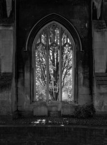 Monochrome view of the empty windows of St Dunstan church