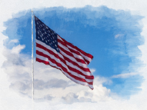 Digital art of USA stars and stripes flag against blue sky
