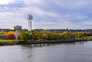 Cityscape of downtown area of Moline Illinois from I-74 bridge