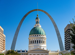 Dome of Old Courthouse in St Louis Missouri against Gateway arch