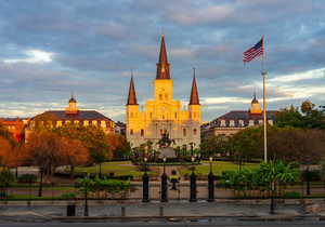 Sunrise on Cathedral Basilica of Saint Louis in New Orleans LA