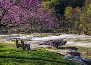 Wooden bench view of Valley Falls on spring morning