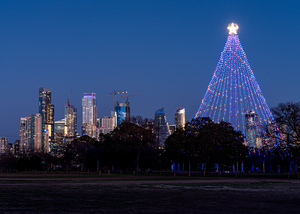 Cityscape of downtown Austin from the west in Zilker park 2025