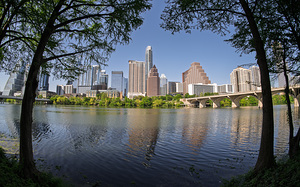 Fisheye lens view of Austin skyline including Congress bridge