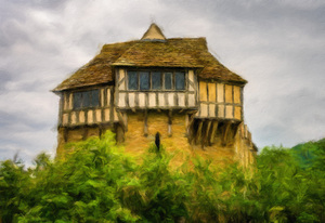 Oil painting of the 13th Century fortified manor house in Shrops