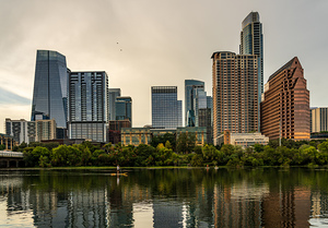 Water level view of the city skyline of Austin Texas in summer 2
