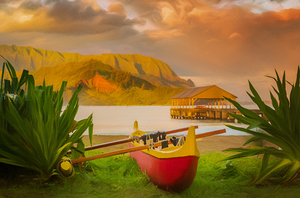 Pastel of Hawaiian canoe by Hanalei Pier
