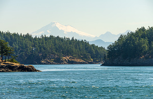 Shades of blue with Mt Baker in misty distance through Obstructi