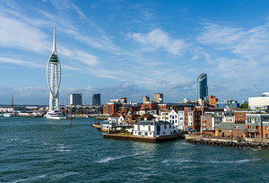 Spinnaker tower overlooks the harbor at Portsmouth with luxury y