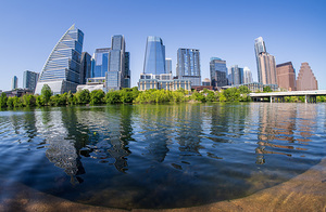 Fisheye lens view of Austin skyline including Lady Bird Lake