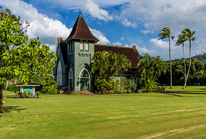Waioli Huiia Church stands in Hanalei Kauai with the majestic 