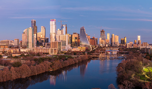 Cityscape of downtown Austin from the west in Zilker park 2025