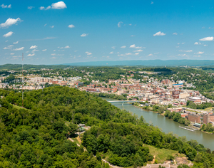 Aerial panorama image of the downtown and university in Morgantown