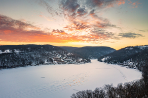 Aerial sunrise over frozen Cheat Lake Morgantown