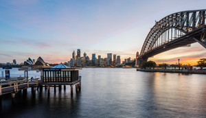 Dramatic panoramic sunset photo Sydney harbor