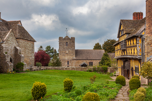 Stokesay Castle in Shropshire on cloudy day