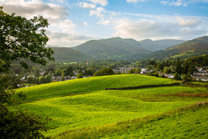 View over fields to Ambleside Lake District