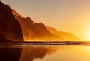 Misty sunset on Na Pali coastline