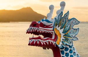 Dragon head carving on Hawaiian canoe in Oahu