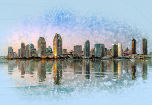Sketch of San Diego Skyline at sunset 