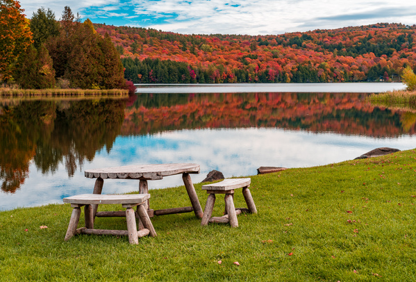 Wooden table and stools by Silver Lake Vermont by Steve Heap