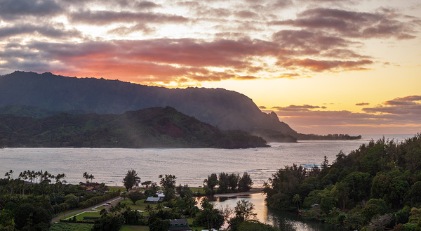 Dramatic aerial view of sunset over Hanalei Bay landscape Print