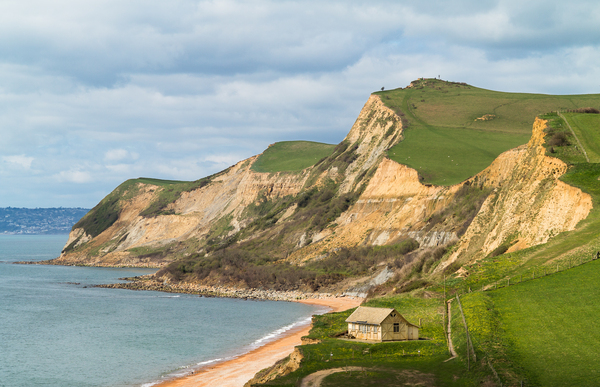 Cottage by cliffs at West Bay Dorset in UK by Steve Heap