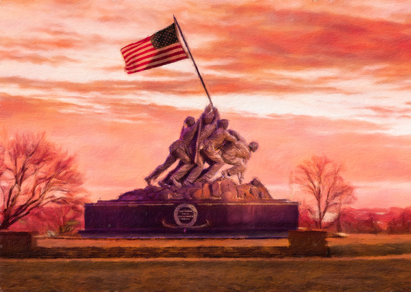 Digital painting of Iwo Jima Memorial at dawn as sun rises by Steve Heap