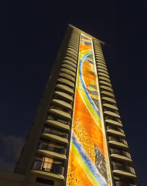 Newly restored tiling mural on Rainbow Tower by Steve Heap