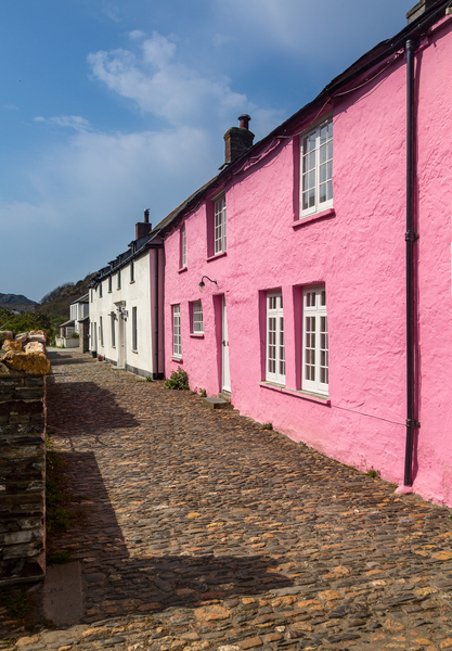 Narrow street in front of colorful cottages in Boscastle by Steve Heap