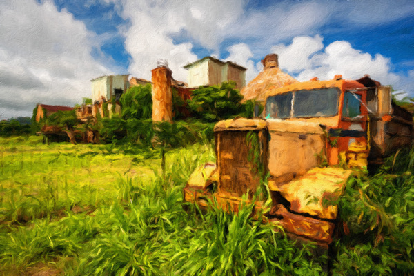Oil painting of abandoned truck by old sugar mill at Koloa Kauai by Steve Heap