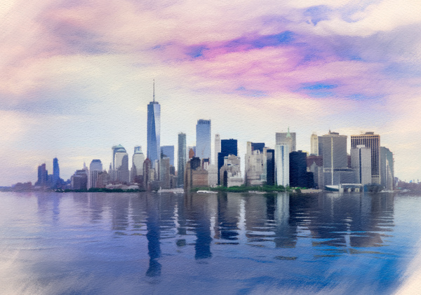 Pastel digital painting of panorama of Manhattan with calm water by Steve Heap