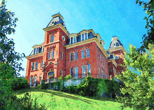 Water color of Woodburn Hall at WVU in Morgantown by Steve Heap