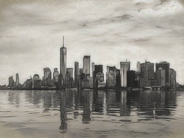 Charcoal drawing of the Manhattan Skyline by Steve Heap