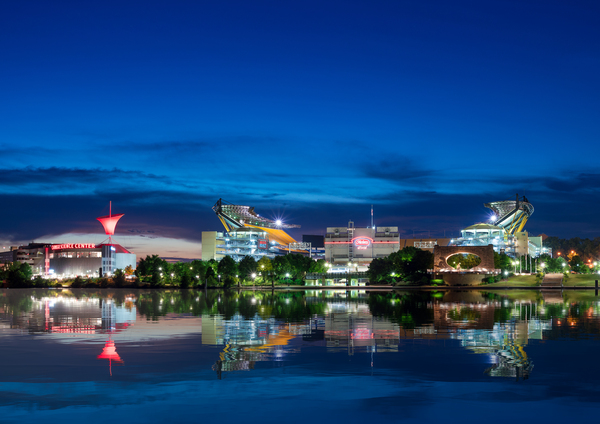Heinz Field and Carnegie Science Center at night by Steve Heap