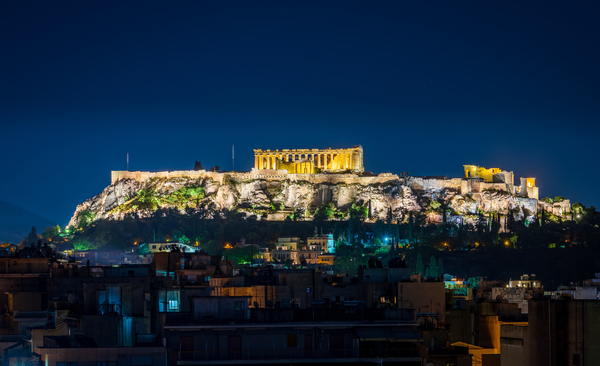 Acropolis hill rises above Athens apartments by Steve Heap