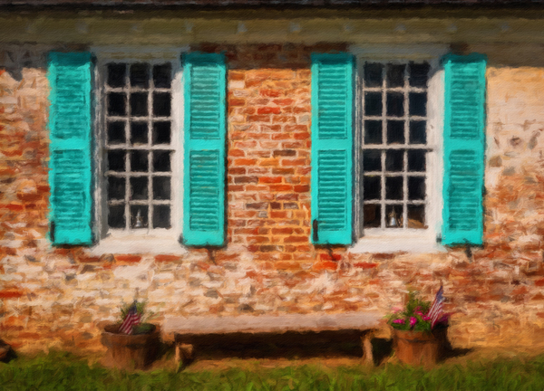 Painting of blue shutters against a white painted brick wall in  by Steve Heap