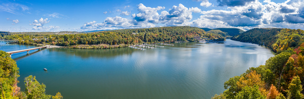 Aerial panorama of fall colors on Cheat Lake Morgantown WV by Steve Heap