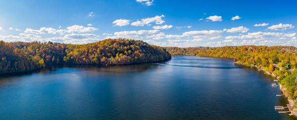 Aerial panorama of fall colors on Cheat Lake Morgantown WV with by Steve Heap
