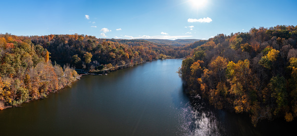 Panoramic fall trees around the water at Cheat Lake Park Morgan by Steve Heap